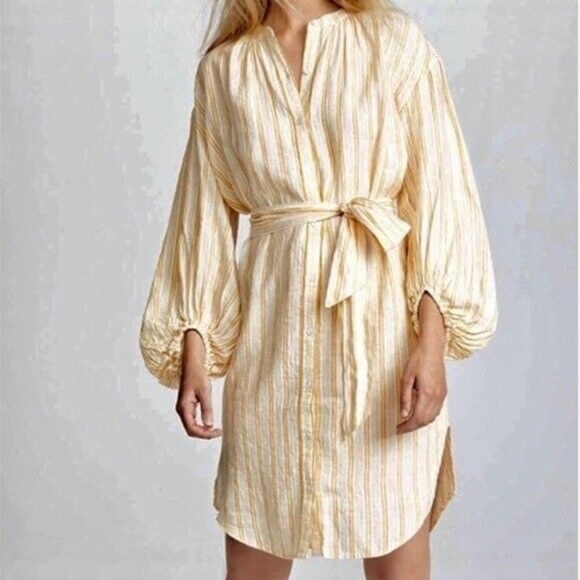 Joie Beatrissa Linen Cornsilk Yellow Stripe Balloon Sleeve Shirt Dress Size XXS - Picture 3 of 14